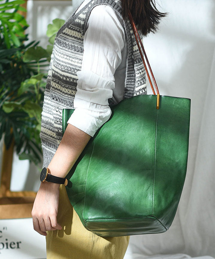 Green Leather Bucket Bag Zipper Closure Large - OutfitLondon