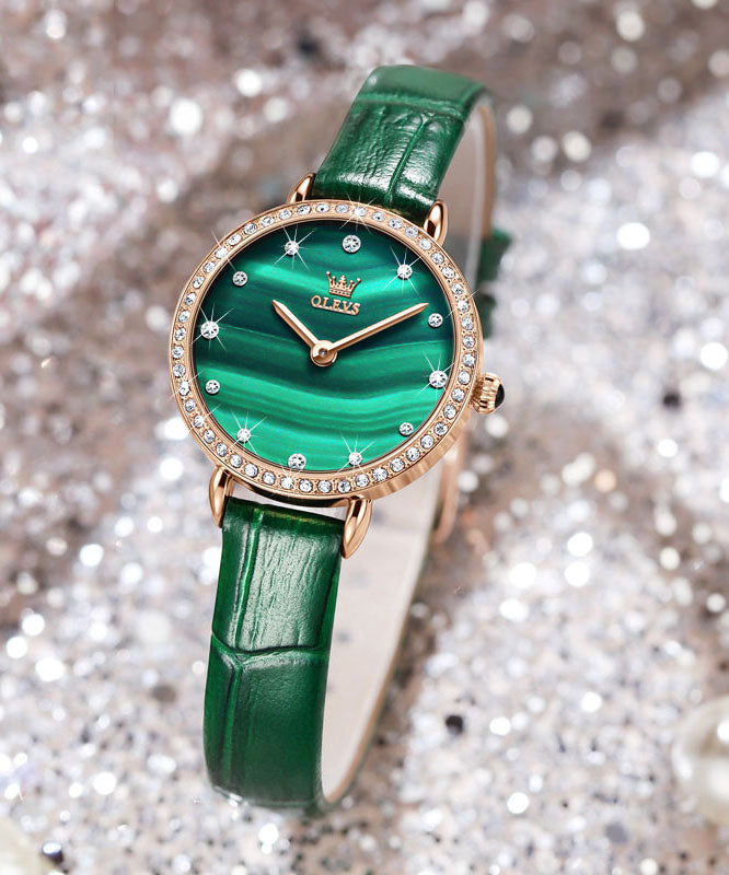 Women's Green Leather Quartz Watch Waterproof - OutfitLondon