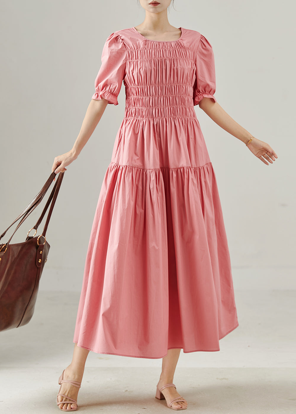 Women's Cotton Blend Vacation Dress Breathable Rose Pink - OutfitLondon