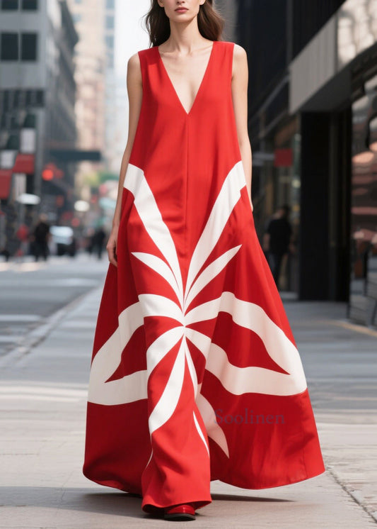 Women's Silk Chiffon Maxi Robe Sleeveless Red - OutfitLondon