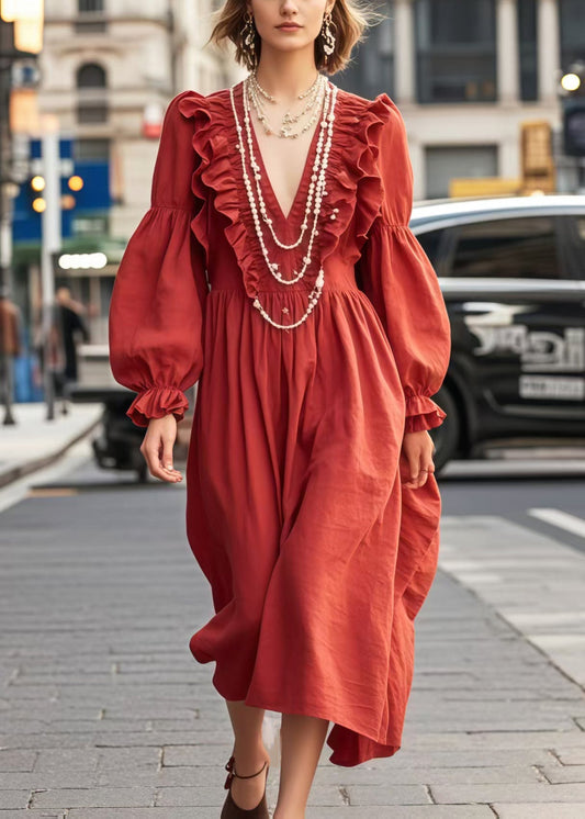 Women's Red Cotton Maxi Dress Ruffled Flowy - OutfitLondon