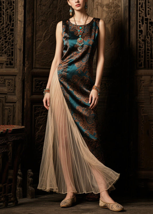 Women's Silk Blend Asymmetrical Patchwork Dress Green - OutfitLondon