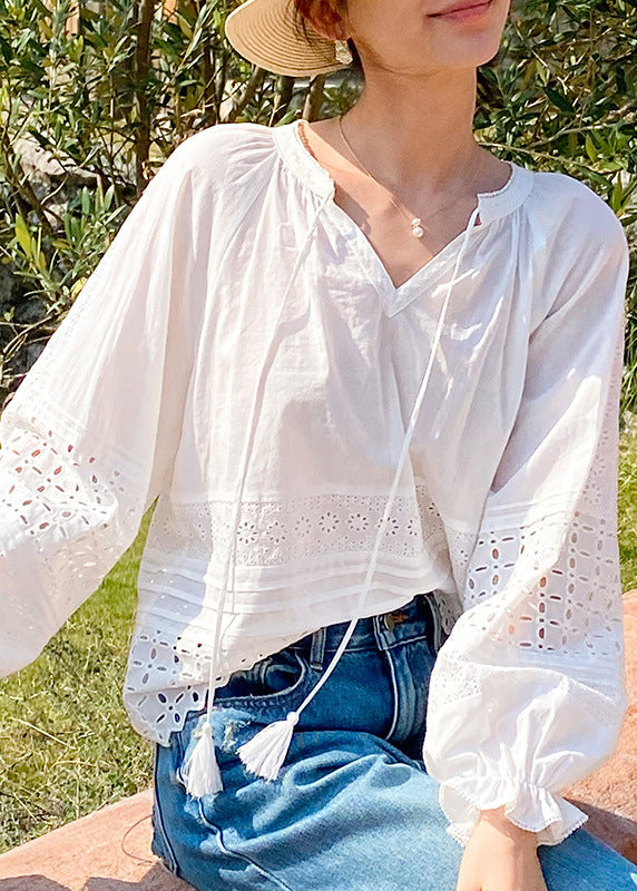 Women's Cotton Blouse White Lace Detail Flutter Sleeves - OutfitLondon