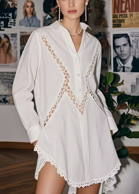 Women's Patchwork Blouse Breathable Cotton Blend White - OutfitLondon