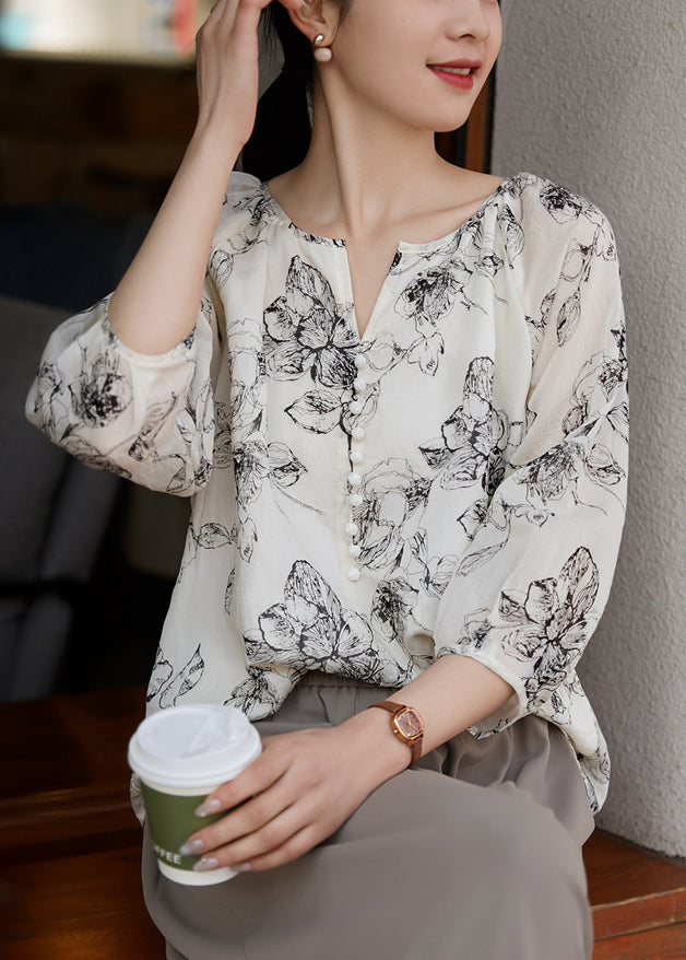 Women's Oversized Cotton Shirt White Boho Print - OutfitLondon
