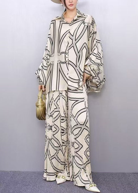 Women's Silk Bohemian Two Piece Batwing Set White Print - OutfitLondon