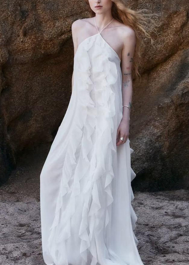 Women's Silk Maxi Dress Backless Sleeveless White - OutfitLondon