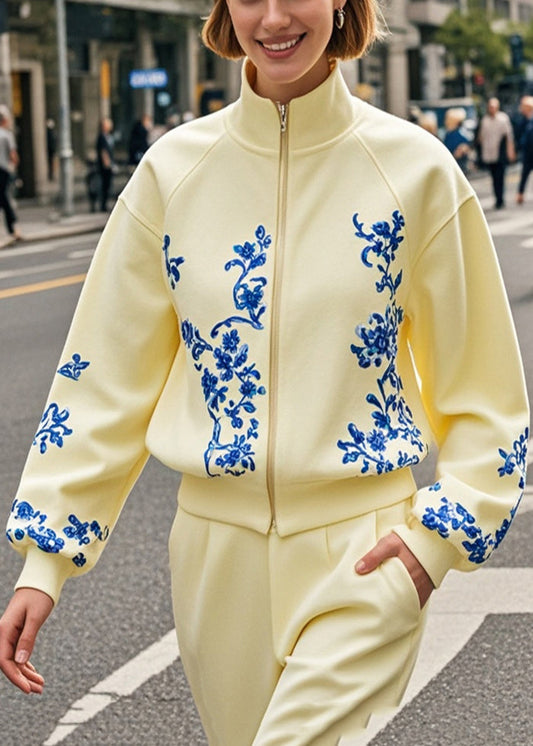 Women's Cotton Jacket Yellow Blue Floral Print - OutfitLondon