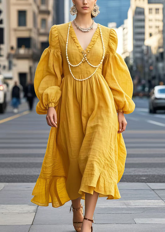 Women's Cotton Maxi Dress V Neck Pearl Yellow - OutfitLondon