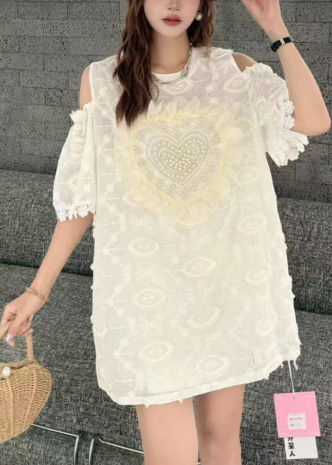 Women's Off Shoulder Cotton Blend Pearl Embellished White - OutfitLondon