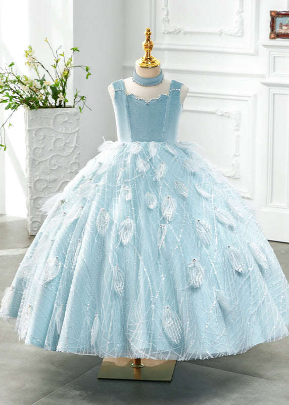 Baby Blue Tulle Princess Dress Sleeveless High Neck for Girls - OutfitLondon