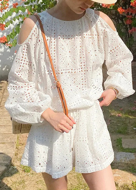 Women's Cotton Off Shoulder Summer Set Beige Breathable - OutfitLondon