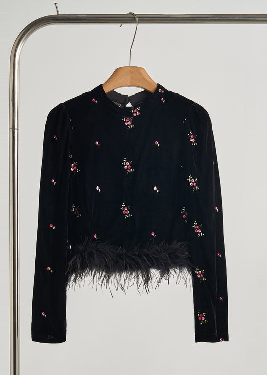 Women's Silk Velvet Blouse Feather Embroidery Autumn - OutfitLondon