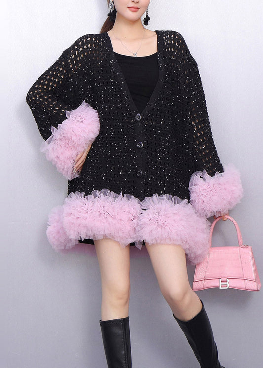 Women's Black Tulle Cardigan Openwork Detailing Lightweight - OutfitLondon