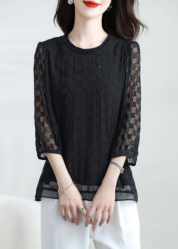 Women's Silk Embroidered T Shirt Black Short Sleeves - OutfitLondon
