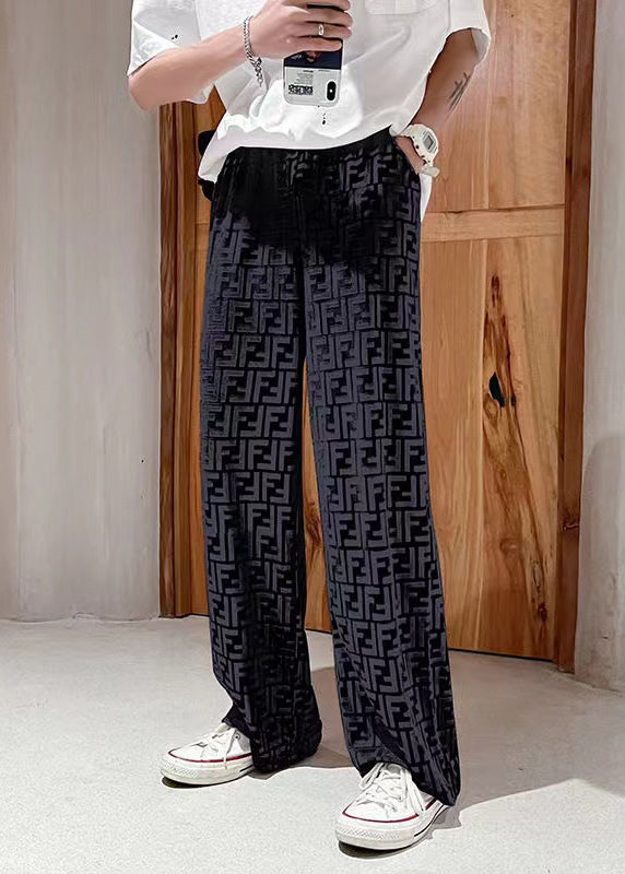 Men's Velour Oversized Pants Elastic Waist Wide Leg Black - OutfitLondon