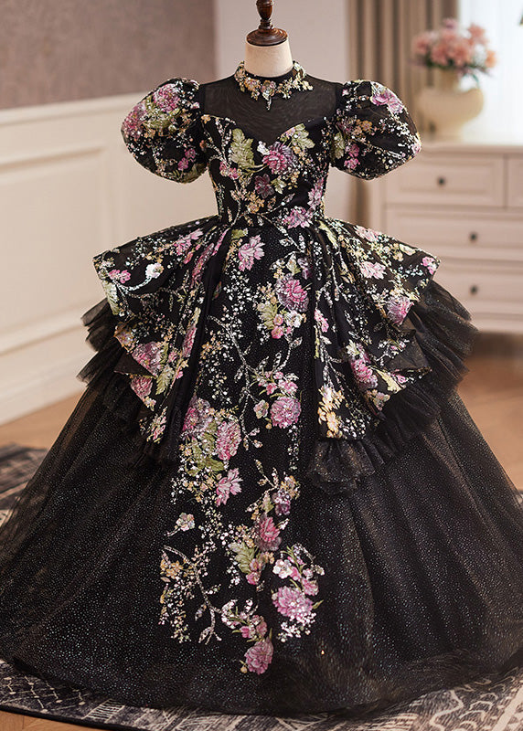 Girls Asymmetrical Tulle Dress Black Floral Print Short Sleeves - OutfitLondon