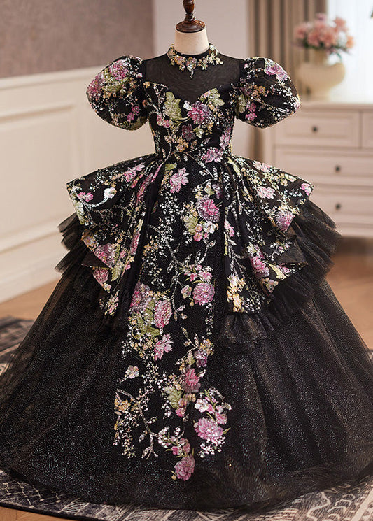 Girls Asymmetrical Tulle Dress Black Floral Print Short Sleeves - OutfitLondon