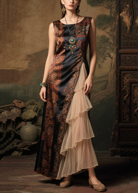 Women's Silk Ruffle Evening Dress Black Print - OutfitLondon