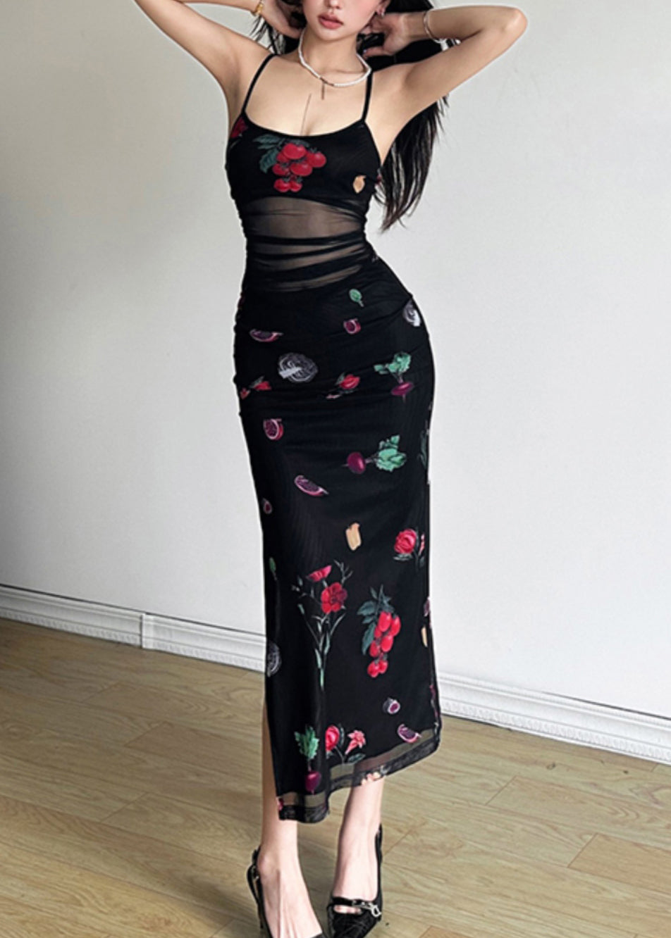 Women's Black Printed Tulle Summer Dress Lightweight - OutfitLondon