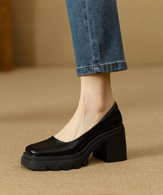 Women's Comfort Shoes Thick Heel Faux Leather Black - OutfitLondon