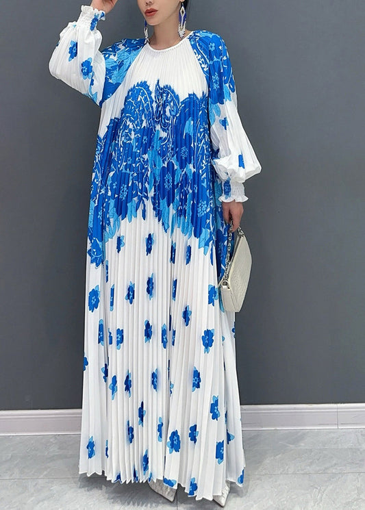 Women's Silk Chiffon Pleated Dress Blue Print - OutfitLondon