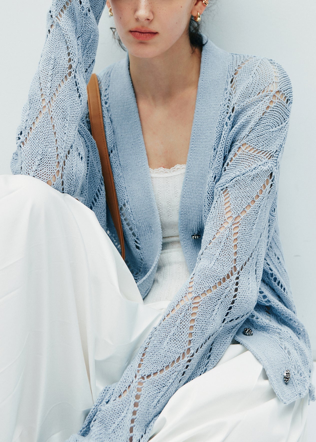 Women's Openwork Knit Cardigan Blue Lightweight - OutfitLondon