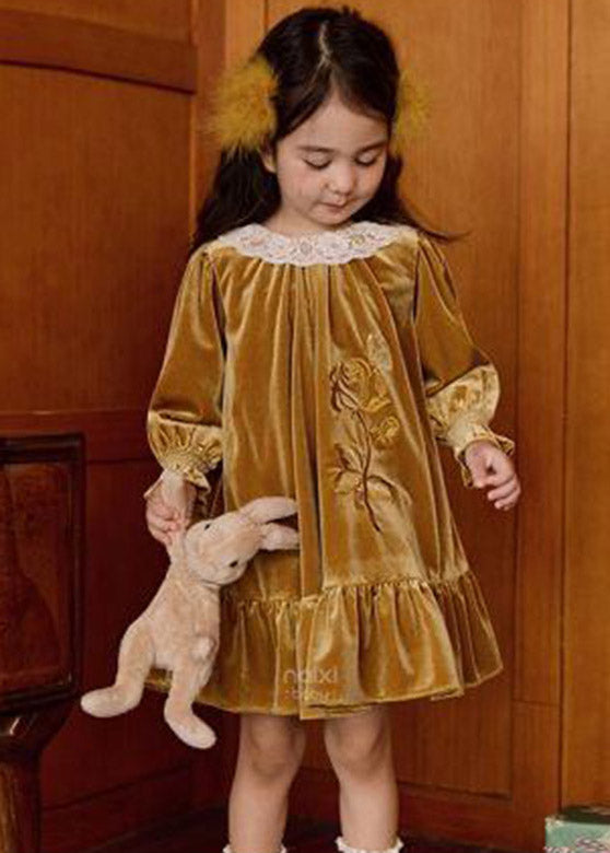 Girls Velvet Dress Silk Embroidered Floral Puff Sleeves - OutfitLondon