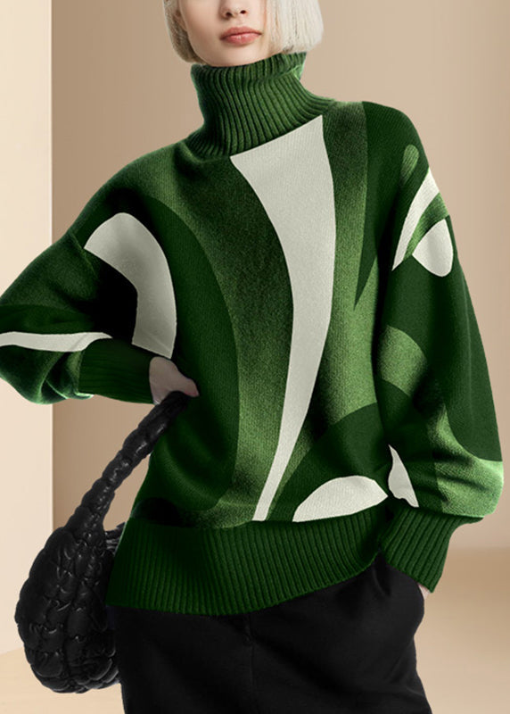 Women's Green Cotton Turtleneck Sweater - OutfitLondon