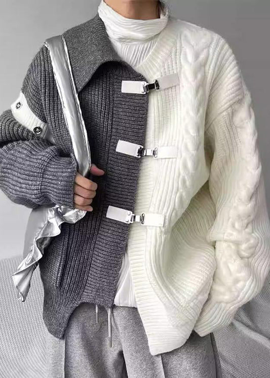 Women's Patchwork Knit Sweater Asymmetric Buckle Gray - OutfitLondon