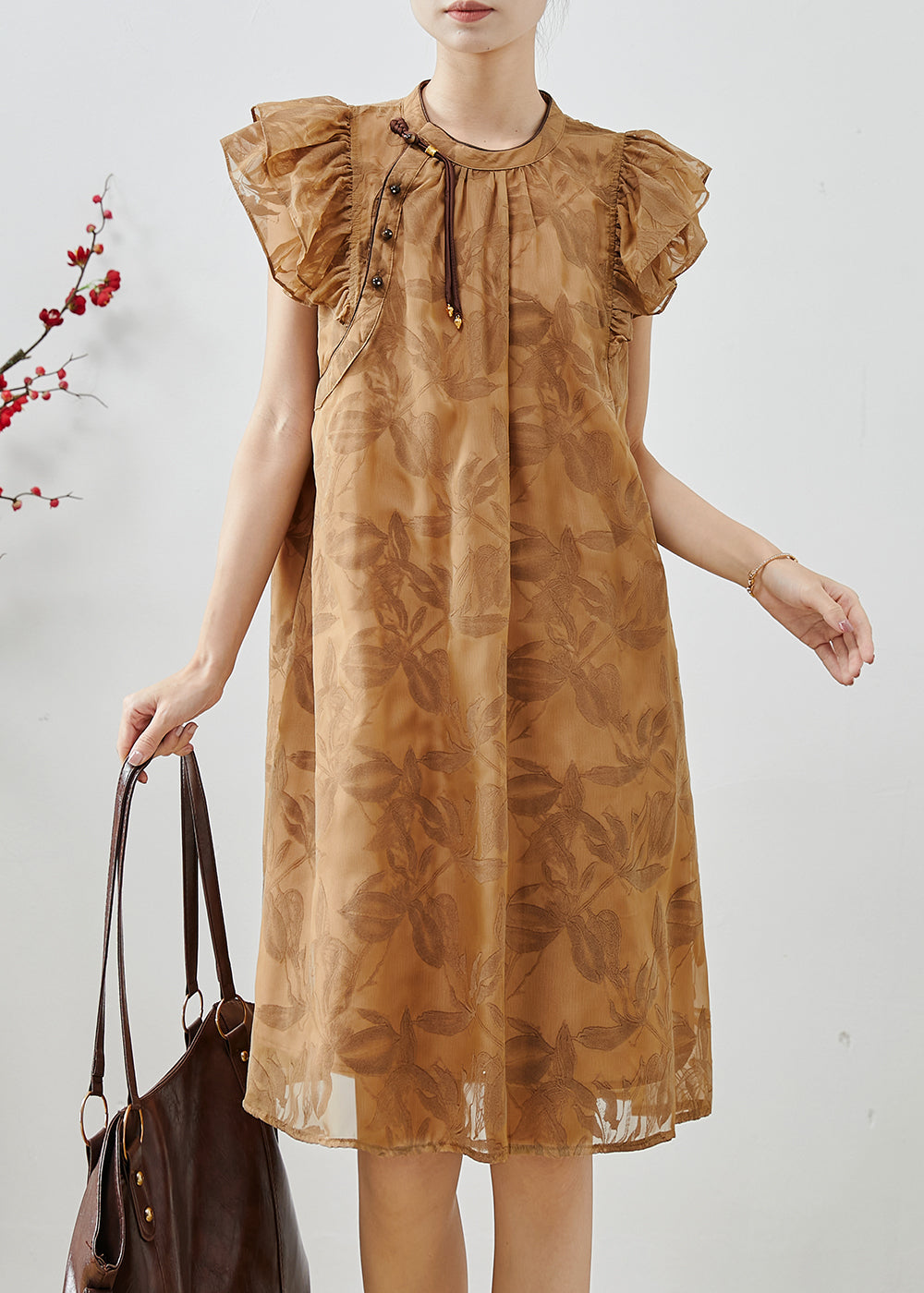 Women's Silk Blend Day Dress Khaki Print Butterfly Sleeves - OutfitLondon