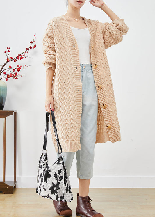 Women's Khaki Chunky Knit Cardigan Thick Cable Knit Warm - OutfitLondon
