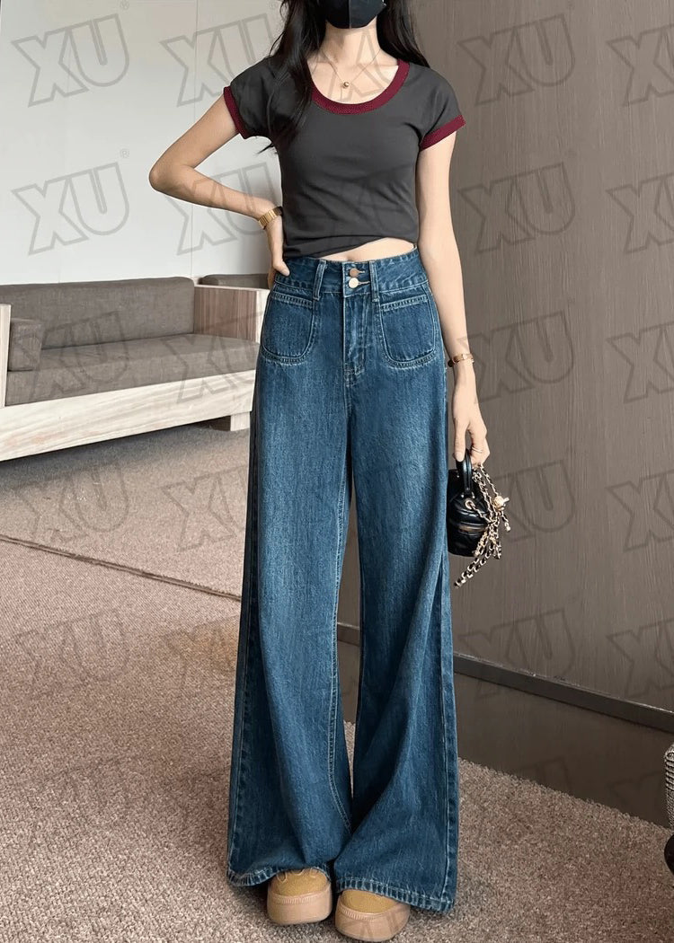 Women's High Waist Denim Pants Navy Blue Straight Leg - OutfitLondon