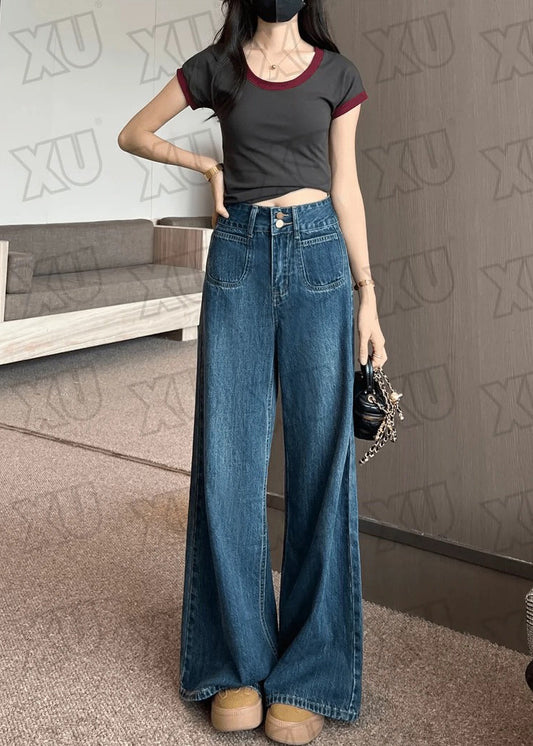 Women's High Waist Denim Pants Navy Blue Straight Leg - OutfitLondon