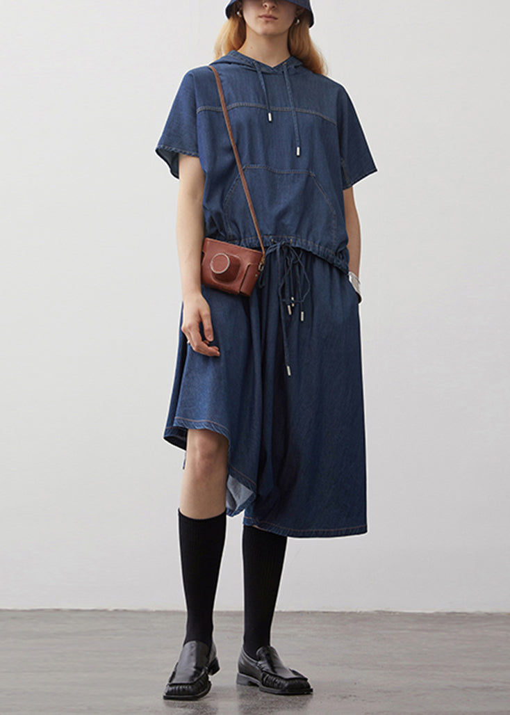 Women's Denim Hoodie Set 2 Piece Navy Blue Drawstring - OutfitLondon