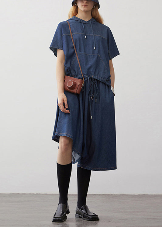 Women's Denim Hoodie Set 2 Piece Navy Blue Drawstring - OutfitLondon