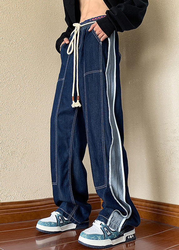 Men's Patchwork Denim Pants Oversized Loose Fit Drawstring Waist - OutfitLondon