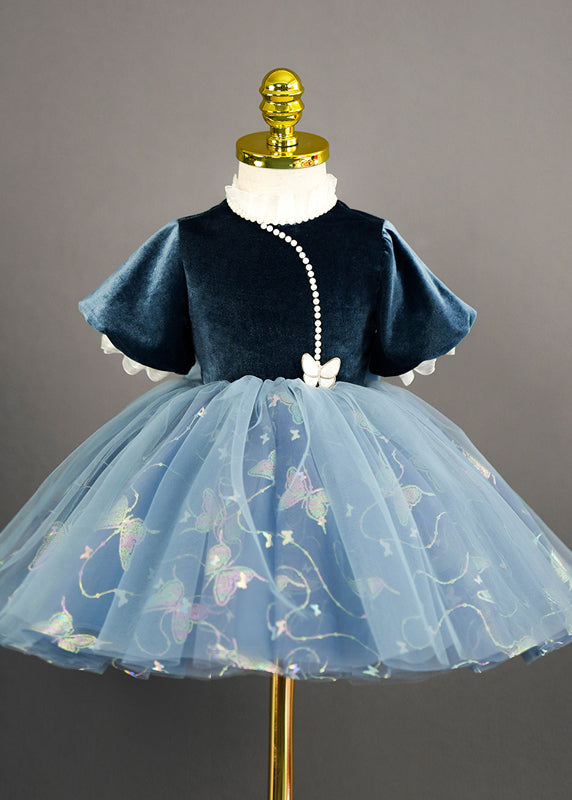 Girls Navy Blue Tulle Long Dress Two Tone Skirt - OutfitLondon
