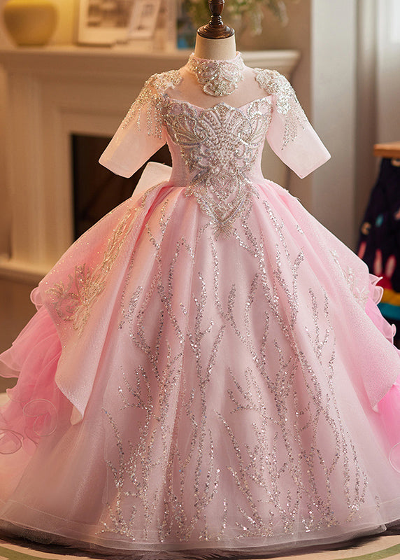 Girls Pink Tulle Long Turtleneck Dress Soft Lining - OutfitLondon