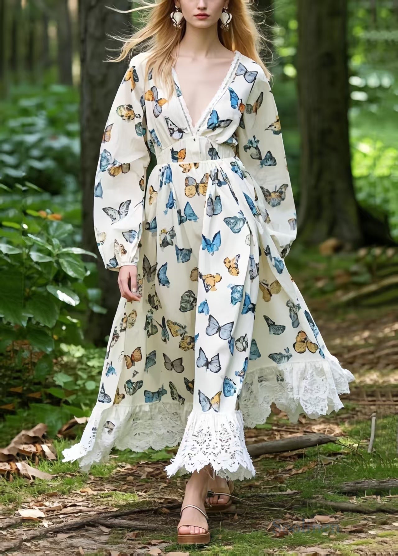 Women's Lace Evening Gown Patchwork Butterfly Design - OutfitLondon