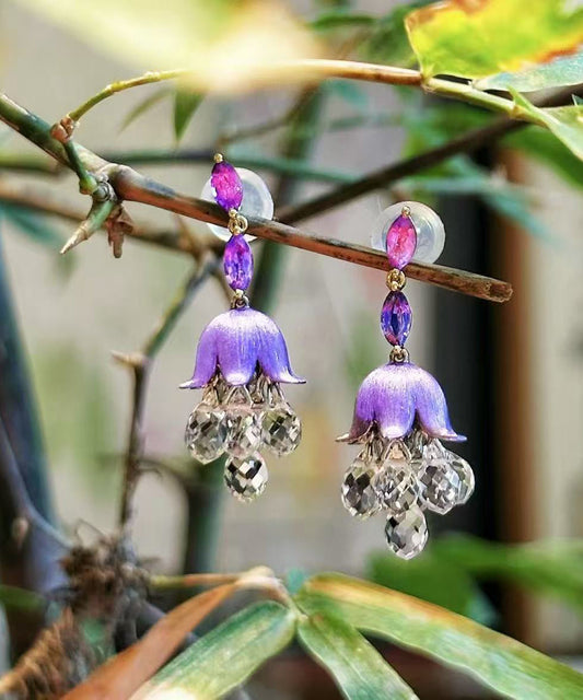 Women's Purple Acrylic Pom Pom Bell Earrings 5cm - OutfitLondon
