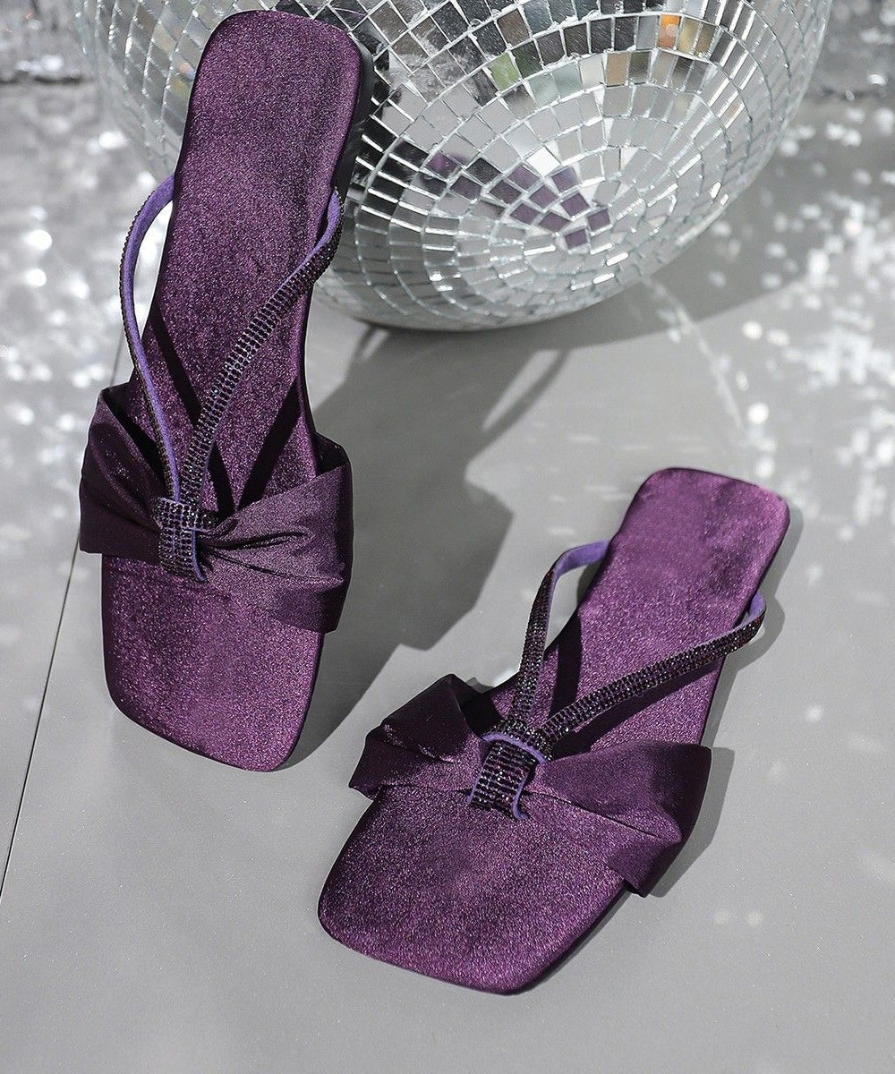 Women's Purple Satin Slip On Sandals With Zircon Bow - OutfitLondon