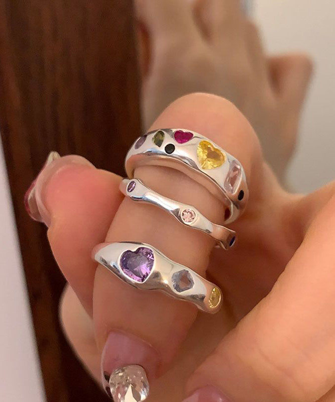 Stainless Steel Asymmetrical Love Ring Set 3 Piece Rainbow Zircon - OutfitLondon