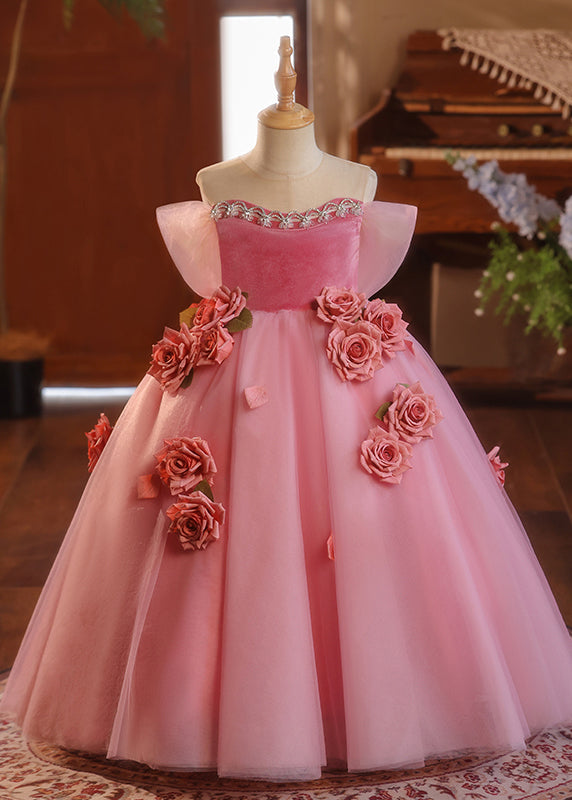 Girls Red Tulle Party Dress Round Neck Rose Patchwork - OutfitLondon