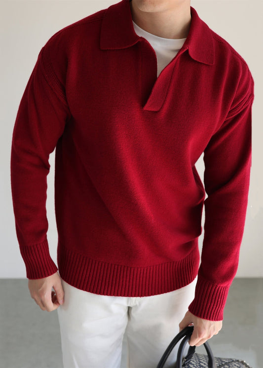 Men's Red Wool Sweater Peter Pan Collar - OutfitLondon