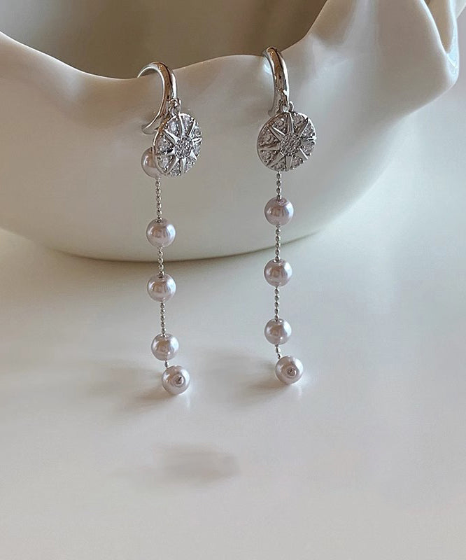 Silk Sterling Silver Dangling Earrings Gold Plated Zircon Pearls - OutfitLondon