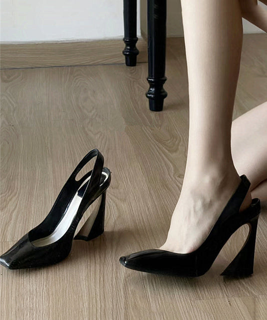 Women's Sheepskin High Heel Sandals Square Toe Black 9cm - OutfitLondon