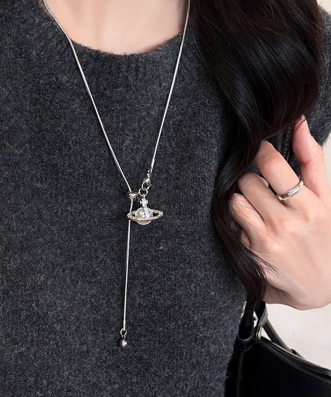 Stainless Steel Lariat Necklace Pearl 65cm Saturn Style - OutfitLondon
