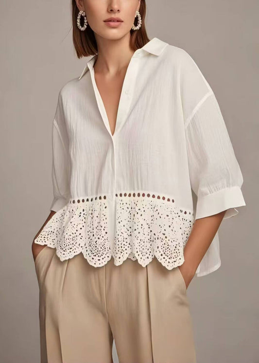 Women's Cotton Eyelet Blouse Breathable White - OutfitLondon