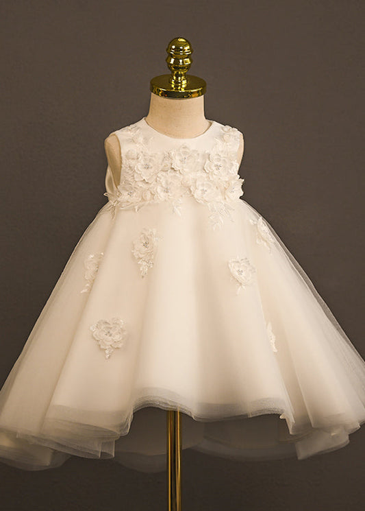 Girls Sleeveless Tulle Dress Floral Appliqués White - OutfitLondon